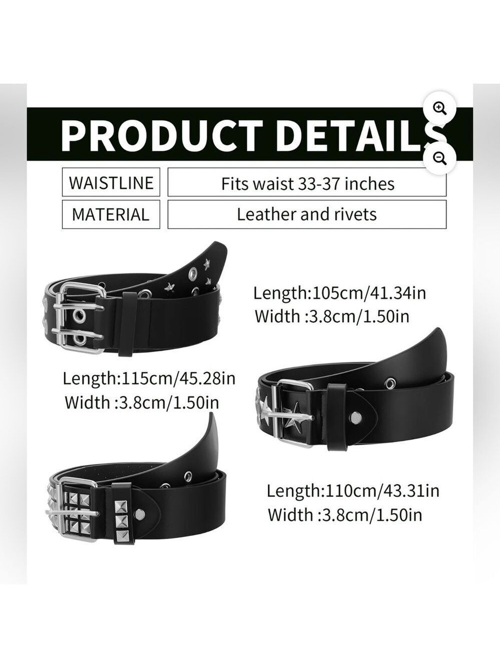 ⚫️Black Leather Star Studded Belt Punk Gothic Y2K Unisex Silver Rivet Waist Belt - Picture 2 of 4